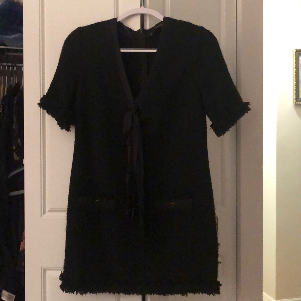 Zara black knit deep v mini dress XS